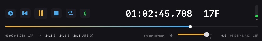 Transport bar showing live loudness while playing